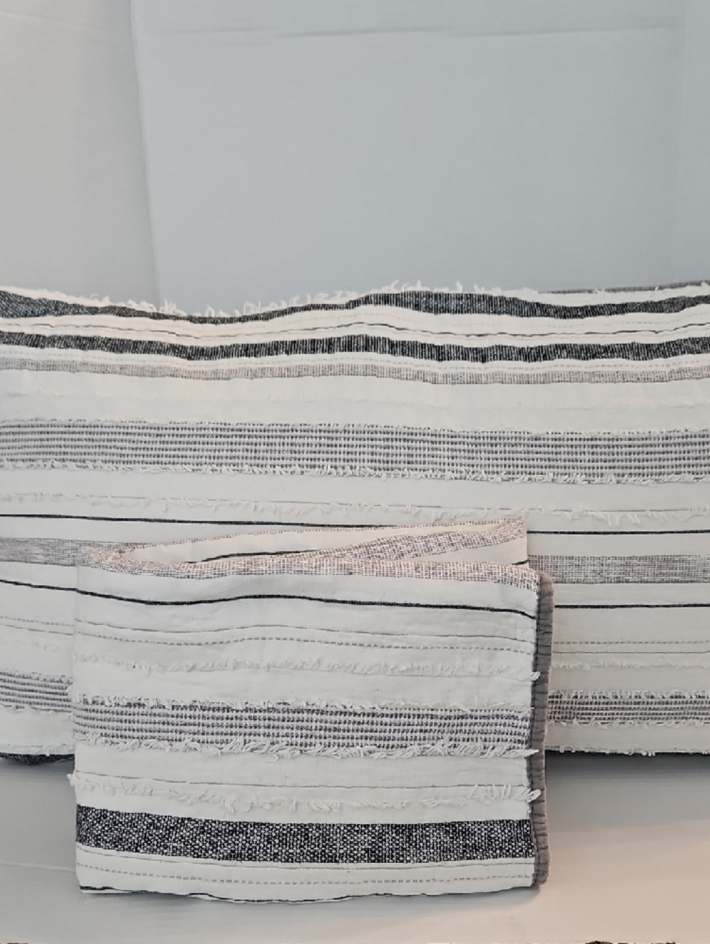 Frye White Black Gray Quilted Embroidered Fringe Cotton King Pillow Shams